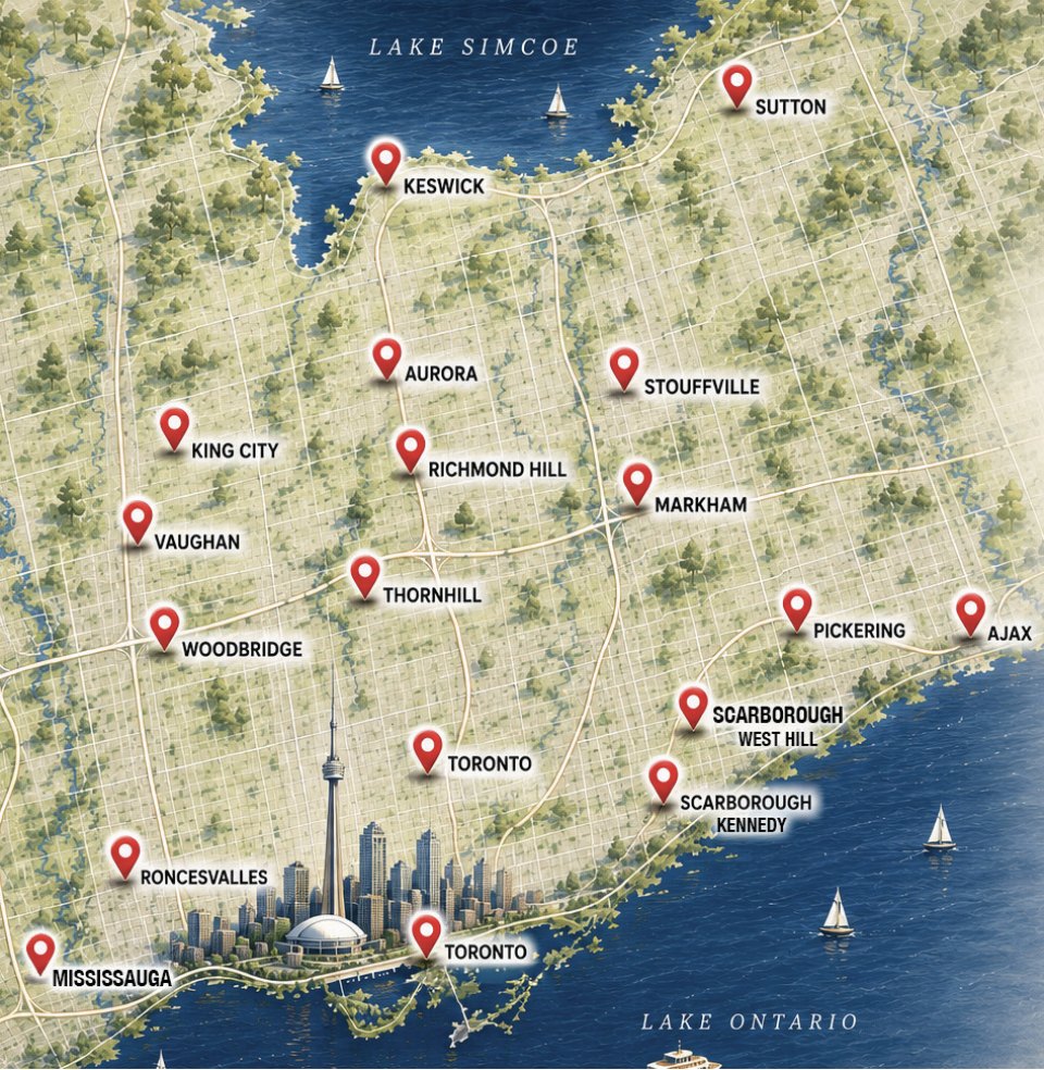 Illustrated map of the Greater Toronto Area from Lake Ontario to Lake Simcoe, with REMAX office locations marked across Mississauga, Toronto, Vaughan, Markham, Pickering, Aurora, Keswick, Sutton and more